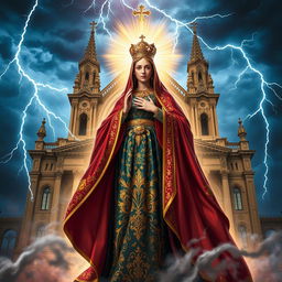 A majestic depiction of Our Lady Maria Ghina, the God of Thunder, standing elegantly in front of an ornate cathedral basilica