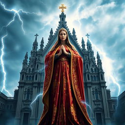 A majestic depiction of Our Lady Maria Ghina, the God of Thunder, standing elegantly in front of an ornate cathedral basilica