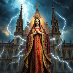 A majestic depiction of Our Lady Maria Ghina, the God of Thunder, standing elegantly in front of an ornate cathedral basilica