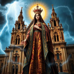 A majestic depiction of Our Lady Maria Ghina, the God of Thunder, standing elegantly in front of an ornate cathedral basilica
