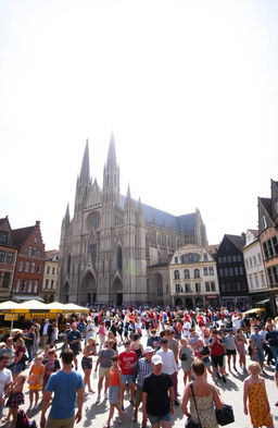 A large town square bustling with activity, featuring a magnificent gothic cathedral with intricate architectural details and towering spires