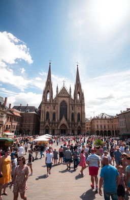 A large town square bustling with activity, featuring a magnificent gothic cathedral with intricate architectural details and towering spires