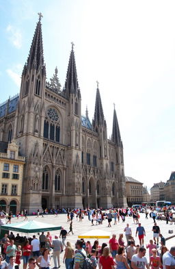 A large town square bustling with activity, featuring a magnificent gothic cathedral with intricate architectural details and towering spires