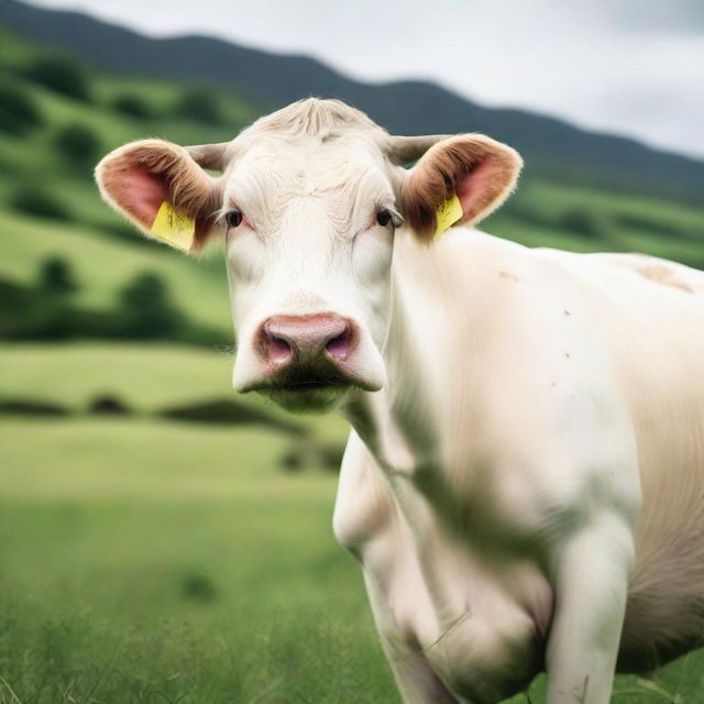 This is a high-quality photograph of a white cow standing in a lush green pasture