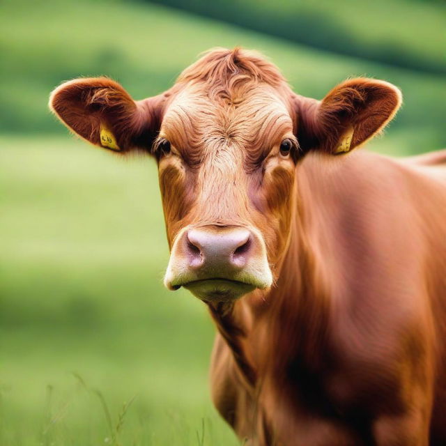 A high-quality photograph showcasing a brown cow in a verdant field