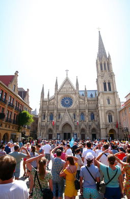 A large town square featuring a magnificent gothic cathedral, with its intricate architectural details highlighted under a brilliant, blindingly white shining sky