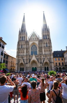 A large town square featuring a magnificent gothic cathedral, with its intricate architectural details highlighted under a brilliant, blindingly white shining sky