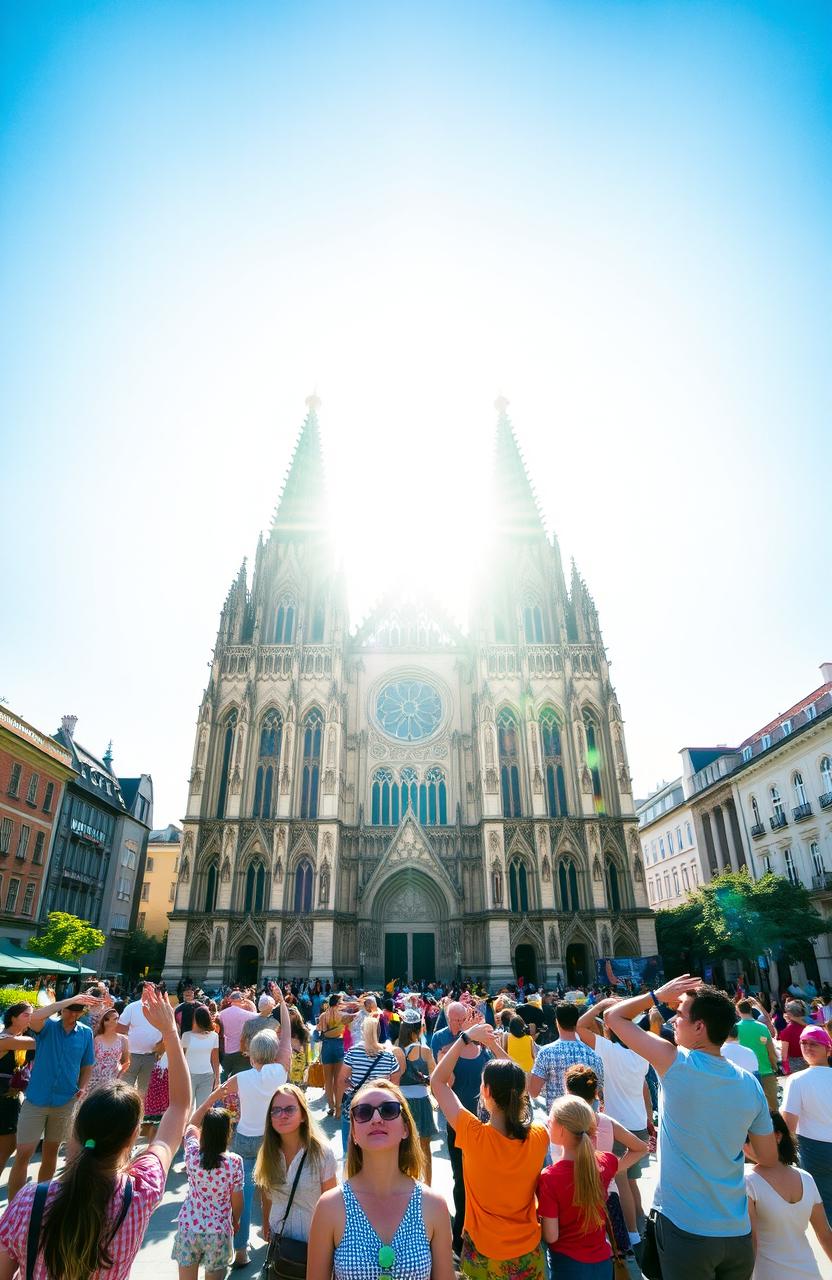 A large town square featuring a magnificent gothic cathedral, with its intricate architectural details highlighted under a brilliant, blindingly white shining sky