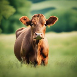 A high-quality photograph showcasing a brown cow in a verdant field