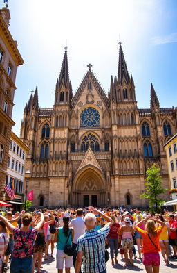 A large town square featuring a magnificent gothic cathedral, with its intricate architectural details highlighted under a brilliant, blindingly white shining sky