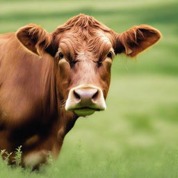 A high-quality photograph showcasing a brown cow in a verdant field