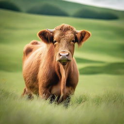 A high-quality photograph showcasing a brown cow in a verdant field