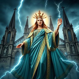 A majestic depiction of Our Lady Maria as the Greek God of Thunder, standing proudly in front of a grand cathedral basilica