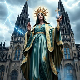 A majestic depiction of Our Lady Maria as the Greek God of Thunder, standing proudly in front of a grand cathedral basilica