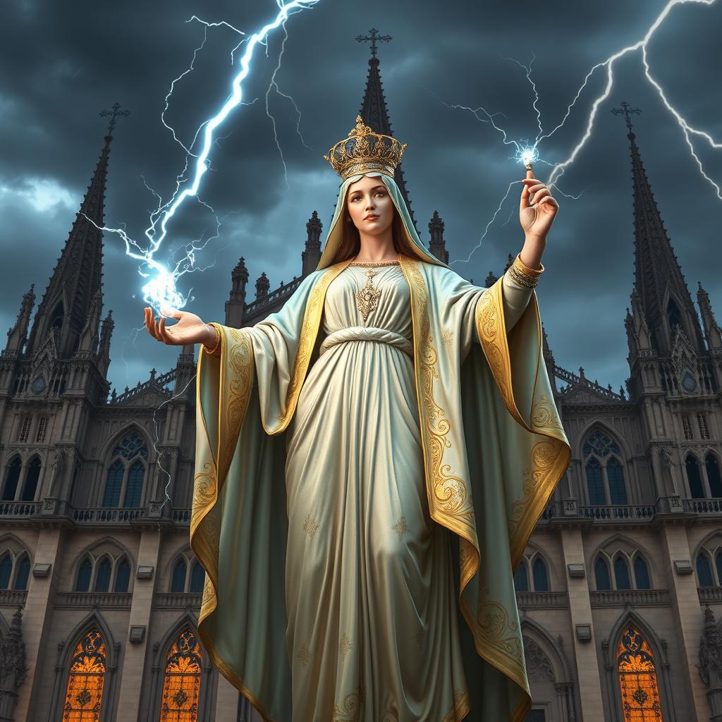 A majestic depiction of Our Lady Maria as the Greek God of Thunder, standing proudly in front of a grand cathedral basilica