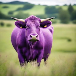 An exceptional photograph featuring a purple cow standing in a field of verdant green