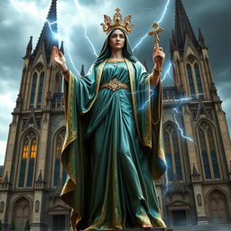 A majestic depiction of Our Lady Maria as the Greek God of Thunder, standing proudly in front of a grand cathedral basilica