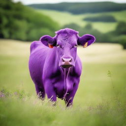 An exceptional photograph featuring a purple cow standing in a field of verdant green