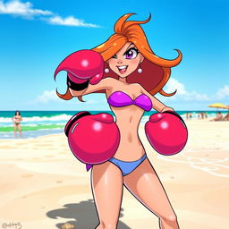 A dynamic scene depicting Miss Bellum from the Powerpuff Girls in a beach setting, wearing a stylish bikini and oversized boxing gloves