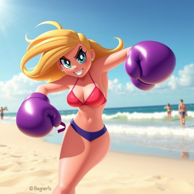 A dynamic scene depicting Miss Bellum from the Powerpuff Girls in a beach setting, wearing a stylish bikini and oversized boxing gloves