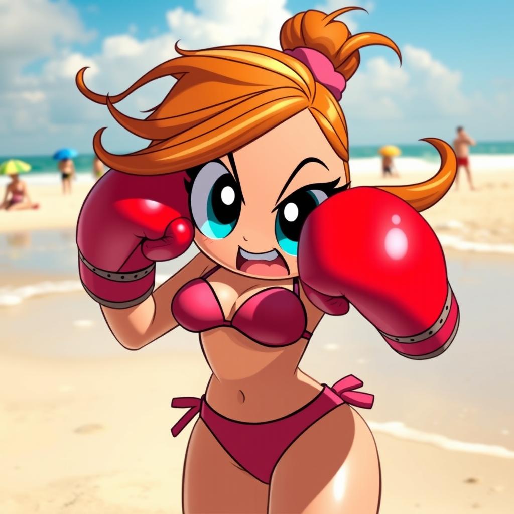 A dynamic scene depicting Miss Bellum from the Powerpuff Girls in a beach setting, wearing a stylish bikini and oversized boxing gloves