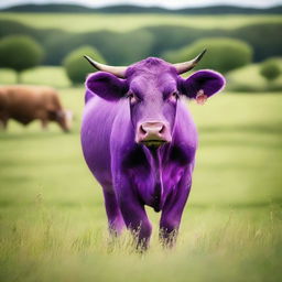 An exceptional photograph featuring a purple cow standing in a field of verdant green