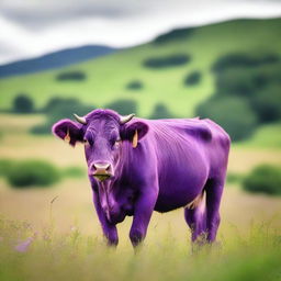 An exceptional photograph featuring a purple cow standing in a field of verdant green