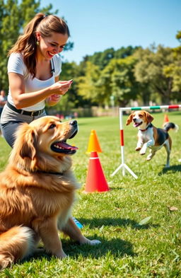A vibrant and detailed image of a dog training scenario, showcasing a variety of breeds engaged in training exercises