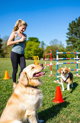 A vibrant and detailed image of a dog training scenario, showcasing a variety of breeds engaged in training exercises
