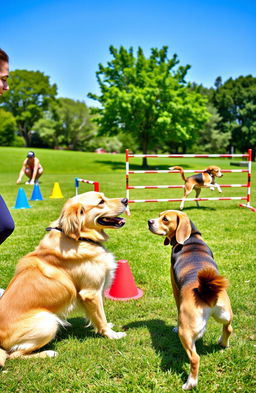 A vibrant and detailed image of a dog training scenario, showcasing a variety of breeds engaged in training exercises