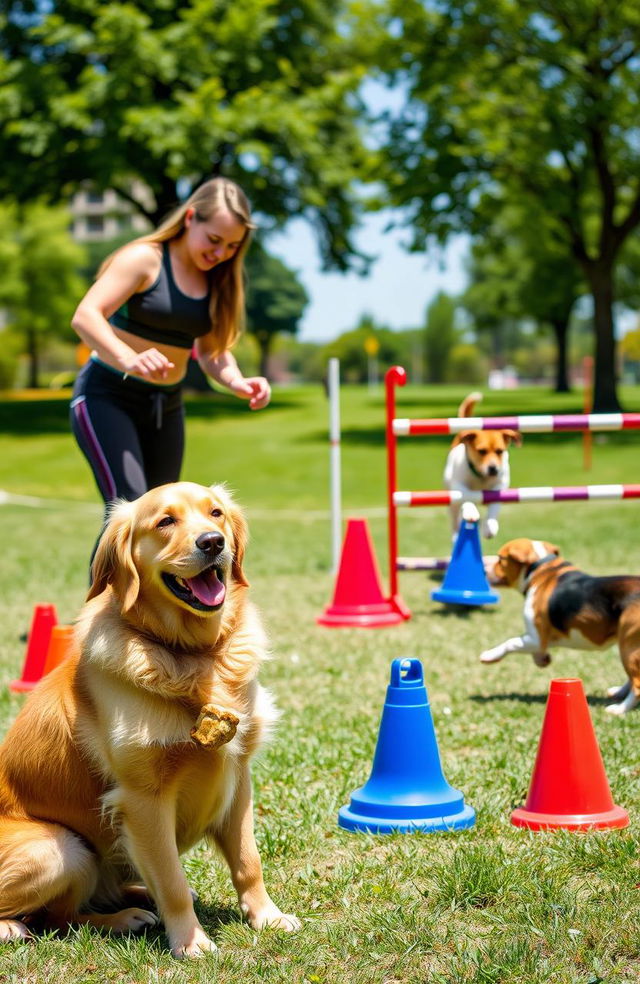 A vibrant and detailed image of a dog training scenario, showcasing a variety of breeds engaged in training exercises