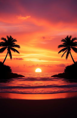 A stunning landscape scene featuring a vibrant sunset over a serene ocean