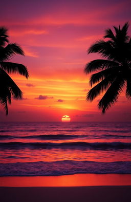 A stunning landscape scene featuring a vibrant sunset over a serene ocean