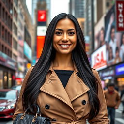 A striking portrait of a single 34-year-old woman in New York City, showcasing her unique features with long, silky black hair and a fashionable outfit that includes a stylish trench coat and designer handbag
