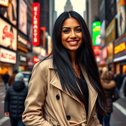 A striking portrait of a single 34-year-old woman in New York City, showcasing her unique features with long, silky black hair and a fashionable outfit that includes a stylish trench coat and designer handbag