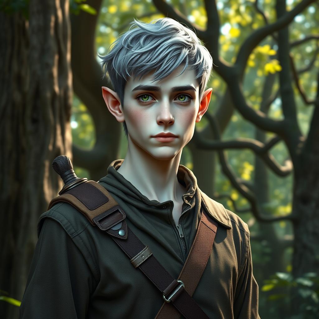 A striking portrait of a 42 year old male half-elf ranger standing confidently in a forest