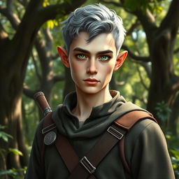A striking portrait of a 42 year old male half-elf ranger standing confidently in a forest