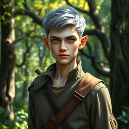 A striking portrait of a 42 year old male half-elf ranger standing confidently in a forest