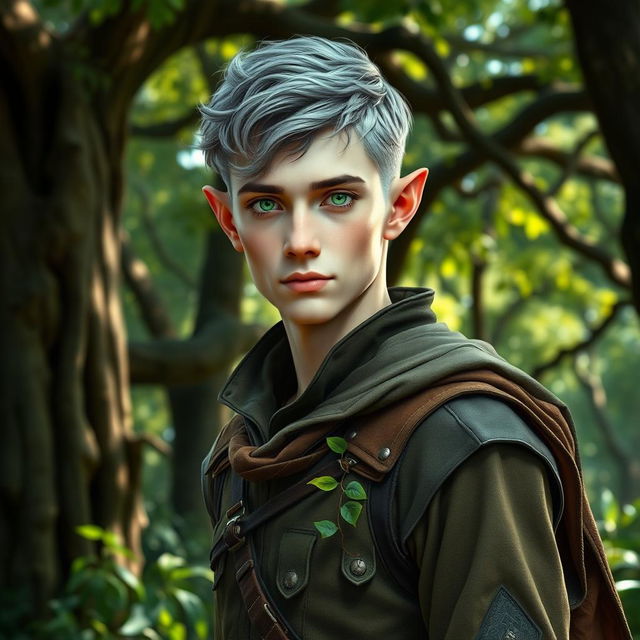 A striking portrait of a 42 year old male half-elf ranger standing confidently in a forest