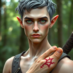 A portrait of a 42-year-old male half-elf ranger standing confidently, showcasing his unique features