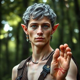 A portrait of a 42-year-old male half-elf ranger standing confidently, showcasing his unique features