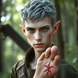 A portrait of a 42-year-old male half-elf ranger standing confidently, showcasing his unique features