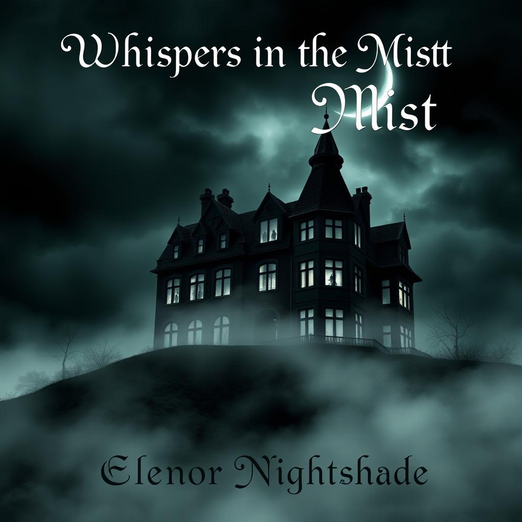 A captivating book cover design for 'Whispers in the Mist' by Eleanor Nightshade
