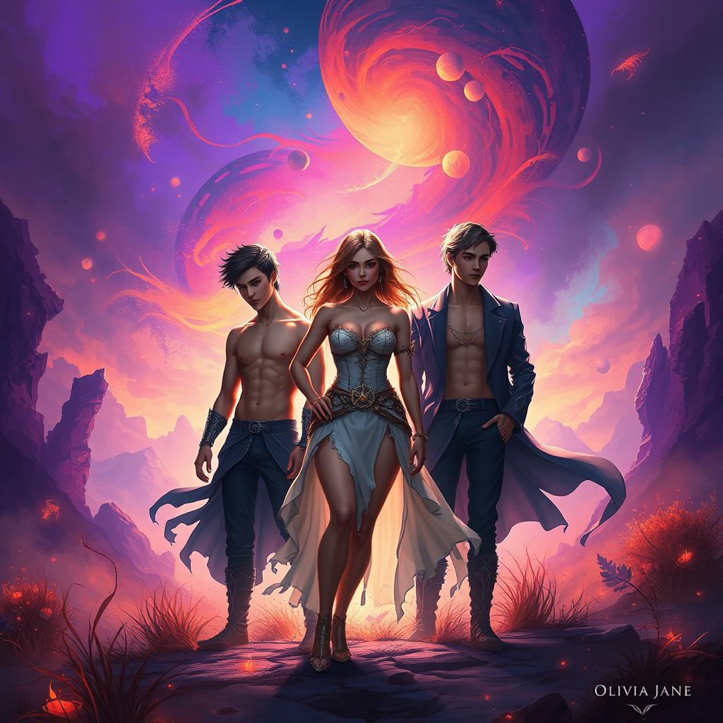 A captivating fantasy reverse harem romance scene inspired by 'Obsidian Shadows' by Olivia Jane, featuring a mesmerizing landscape filled with abstract and colorful imagery