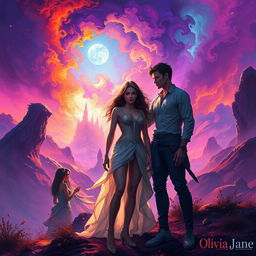 A captivating fantasy reverse harem romance scene inspired by 'Obsidian Shadows' by Olivia Jane, featuring a mesmerizing landscape filled with abstract and colorful imagery