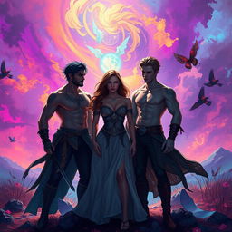A captivating fantasy reverse harem romance scene inspired by 'Obsidian Shadows' by Olivia Jane, featuring a mesmerizing landscape filled with abstract and colorful imagery