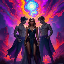A captivating fantasy reverse harem romance scene inspired by 'Obsidian Shadows' by Olivia Jane, featuring a mesmerizing landscape filled with abstract and colorful imagery