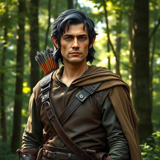 A middle-aged male half-elf ranger standing confidently in a lush forest