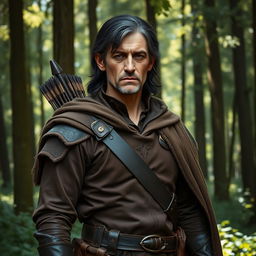 A middle-aged male half-elf ranger standing confidently in a lush forest