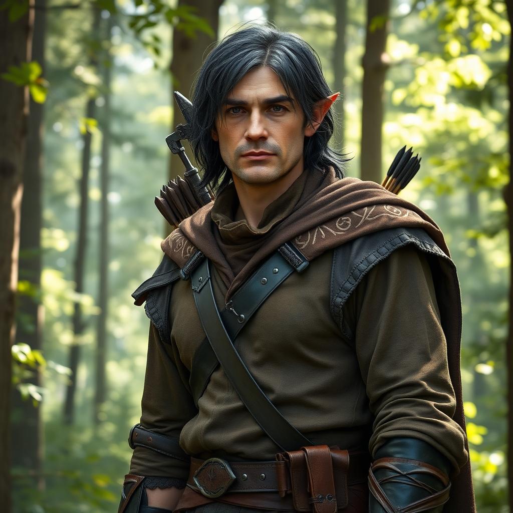 A middle-aged male half-elf ranger standing confidently in a lush forest